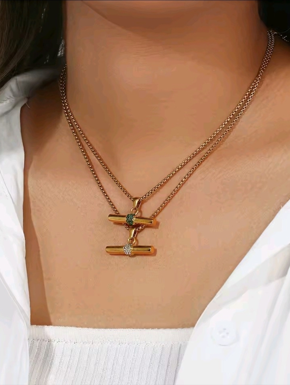 Gold Bar Pendant Necklace with Crystal Accent - Women Jewelry - Picture 7 of 9